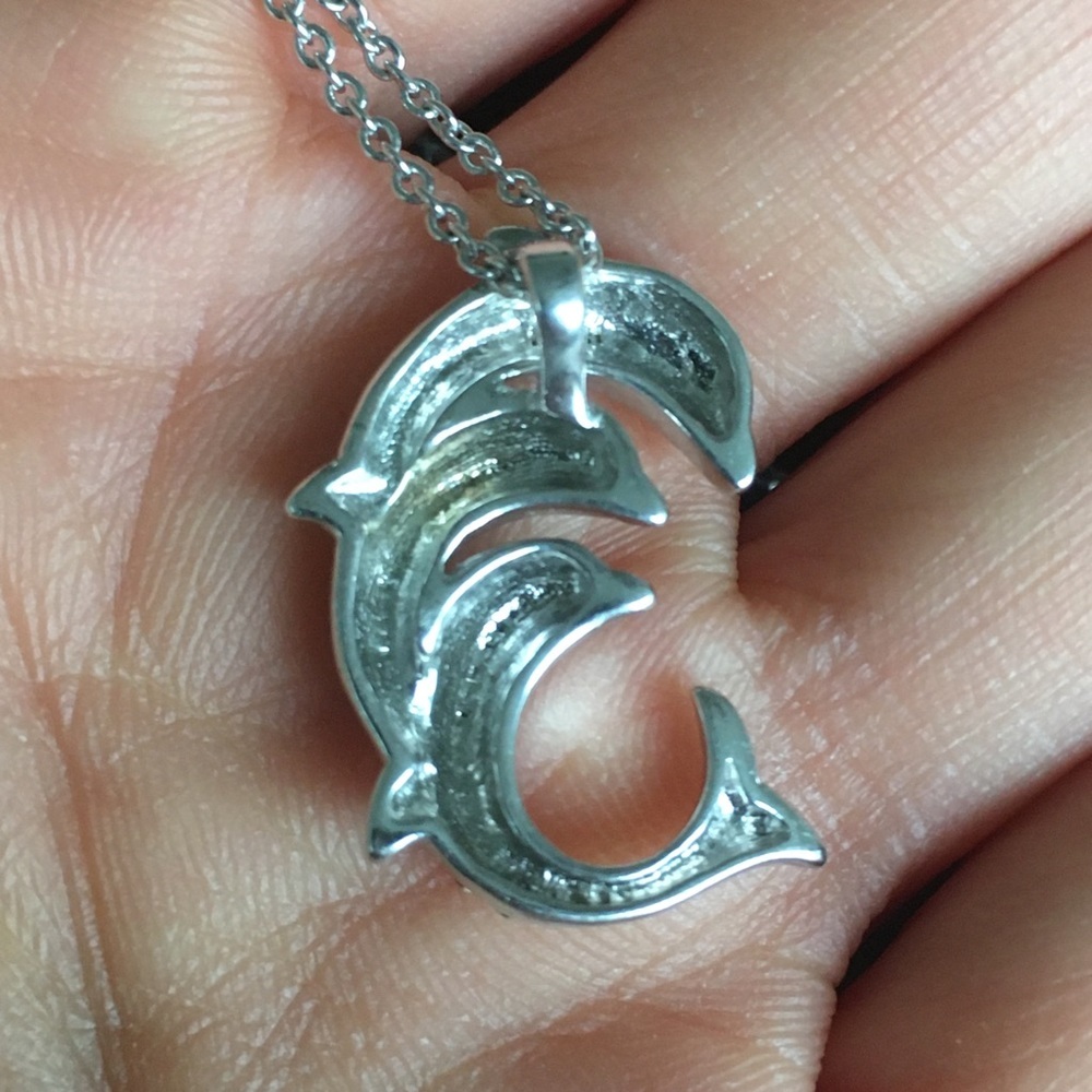Silver Tone Rhinestone Crystal Dolphin Necklace - Picture 6 of 10